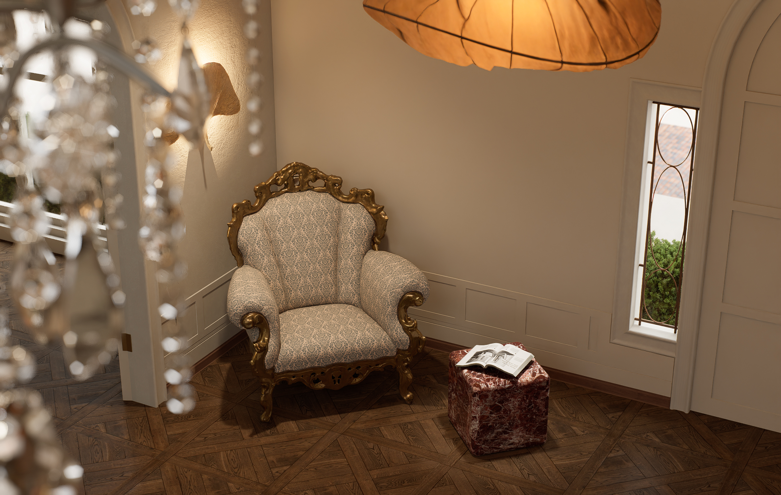 Classical reading corner with warm ambient lighting.