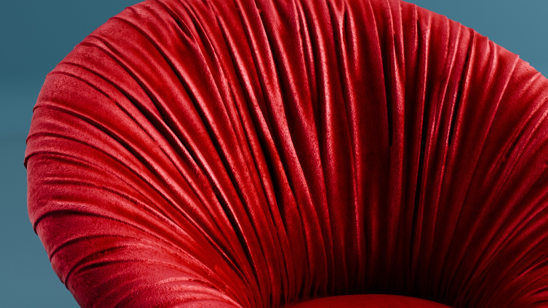 Close-up shot of the Drape Soleil armchair featuring dramatic red fabric drapery. The lighting emphasizes the deep folds and elegant curvature of the design, showcasing high-end product visualization by NEX Project