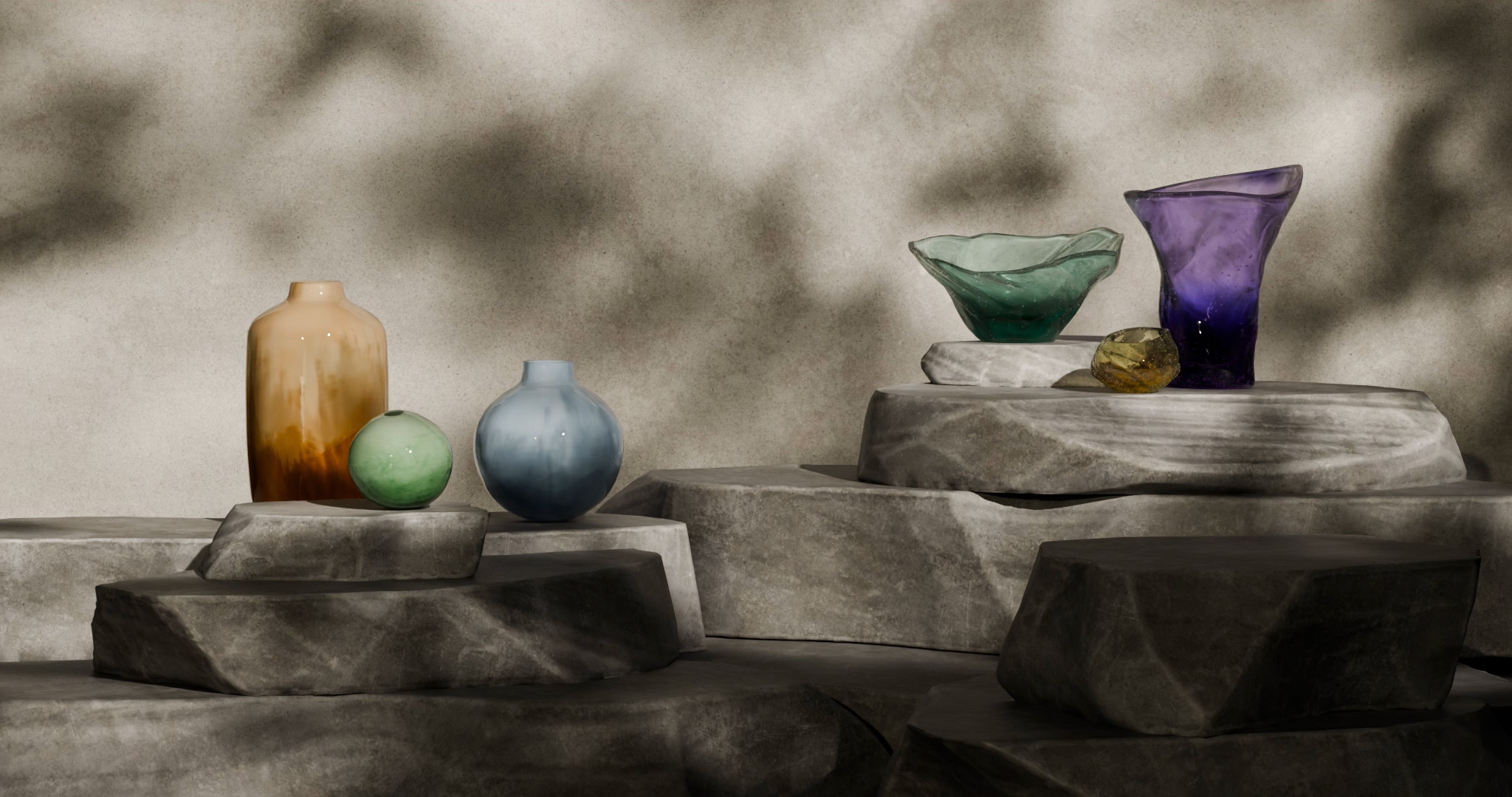 Artistic still life 3D rendering of Murano vase and glass bowls arranged on sculpted stone platforms